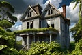 Dilapidated Victorian House, Sagging Wooden Frame, Weathered Paint Peeling Off in Chunks, Broken Windows