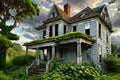 Dilapidated Victorian House, Sagging Wooden Frame, Weathered Paint Peeling Off in Chunks, Broken Windows