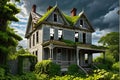 Dilapidated Victorian House, Sagging Wooden Frame, Weathered Paint Peeling Off in Chunks, Broken Windows