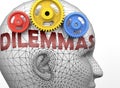 Dilemmas and human mind - pictured as word Dilemmas inside a head to symbolize relation between Dilemmas and the human psyche, 3d Royalty Free Stock Photo