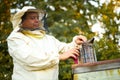 Diligent adult man beekeeper work with bee smoker in his apiary on bee farm