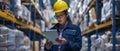 A Diligent Asian Worker Using A Tablet And Pen For Warehouse Stocktaking Royalty Free Stock Photo