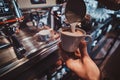 Process of coffee making using coffee machine Royalty Free Stock Photo