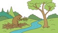Diligent beaver building a dam in a flowing stream, natural engineering. vector design Generative AI Royalty Free Stock Photo
