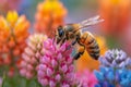 Diligent bee hovers over a vibrant flower, collecting pollen with precision, Ai Generated