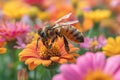 Diligent bee hovers over a vibrant flower, collecting pollen with precision, Ai Generated