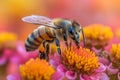 Diligent bee hovers over a vibrant flower, collecting pollen with precision, Ai Generated