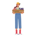 Diligent Farmer Female Character Proudly Holding A Wooden Crate Brimming With The Seasonal Bounty, Vector