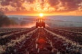 Diligent farmer plowing the field with a vintage tractor at sunrise