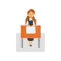 Diligent Female Student Sitting at Desk in Classroom, Schoolgirl Studying at School, College Vector Illustration