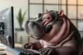 Hardworking Hippo in Headphones Sitting at Desk Focusing on Phone Call Generative AI Illustration