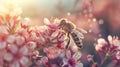 A diligent honeybee gathers nectar from a cluster of delicate pink blossoms, a serene moment capturing the harmony between flora