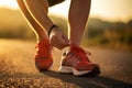 Diligent Man tying shoelaces before training. Generate Ai