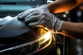 Diligent Man washing car headlight with rag closeup. Generate Ai