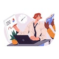 Diligent office worker tries to retain attention, concentration on many tasks. Busy employee works in multitasking. Time