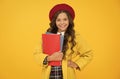 diligent student. retro girl wear uniform and parisian beret. kid school fashion. cheerful child ready for schoolyear