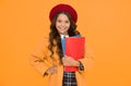 diligent student. retro girl wear uniform and parisian beret. kid school fashion. cheerful child ready for schoolyear Royalty Free Stock Photo