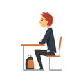 Diligent Student Sitting at Desk in Classroom, Side View, Schoolboy in Uniform Studying at School, College Vector