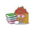 A diligent student in strawberry fruit box mascot design with book