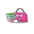 A diligent student in woman sport bag mascot design concept read many books