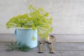 Dill blossoms in a enamel cup Royalty Free Stock Photo