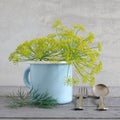 Dill blossoms in a enamel cup Royalty Free Stock Photo