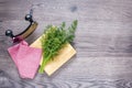 Dill on cutting board with a weighing knife and red napkin Royalty Free Stock Photo