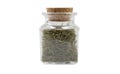 Dill in glass jar on isolated on white background. front view. spices and food ingredients