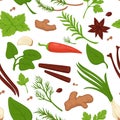 Dill and parsley, greenery and herbs seamless pattern vector.