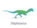 Dilophosaurus. Theropoda dinosaur. Colorful vector illustration of prehistoric creature dilophosaurus in hand drawn flat