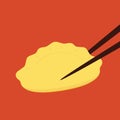 Gyoza vector. Hot dumplings and chopsticks on red background.