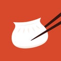 Gyoza vector. Hot dumplings and chopsticks on red background.