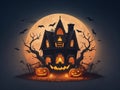 Halloween pumpkin with horror looking house behind
