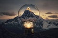 A dim light bulb isolated on top of a mountain. Generative AI.