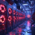 Dim lighting in a large crypto mining farm. Royalty Free Stock Photo