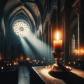 A lit candle flickering in a dim medieval chapel, emphasizing the interplay of light and shadows