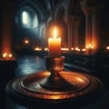 A lit candle flickering in a dim medieval chapel, emphasizing the interplay of light and shadows