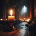 A lit candle flickering in a dim medieval chapel, emphasizing the interplay of light and shadows