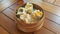 Dim Sum in bamboo steamed bowl on the table Royalty Free Stock Photo