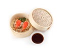 Dim Sum in Bamboo Steamed Bowl on white background Royalty Free Stock Photo