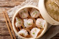 Dim Sum in bamboo steamer, Chinese cuisine. Closeup rustic. Horizontal top view Royalty Free Stock Photo