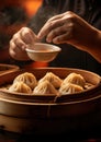 Dim Sum: a bamboo steamer filled with an array of dim sum dumplings, capturing the variety and authenticity of Chinese