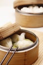 Dim sum in bamboo steamers. Conceptual image