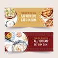 Dim sum banner design with steamed bun, dumpling watercolor illustration Royalty Free Stock Photo