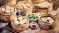 Dim sum brunch with bamboo steamers and dumplings.. Royalty Free Stock Photo