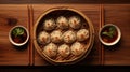 Dim sum Cantonese dish, dumplings top-down view, generative ai