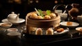 Dim sum, A Cantonese tradition, a variety of bite-sized dishes, dumplings, buns, and small savory treats, generative ai