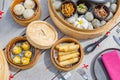 Home made Chinese dumplings served on the traditional steamer over blue wooden background. Top View Royalty Free Stock Photo