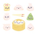 Dim sum - clipart set. Collection of kawaii drawings with cute dumplings. Vector cartoon illustration