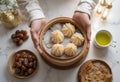 Dim Sum and Dates Served in a Bamboo Steamer Basket. Generative AI